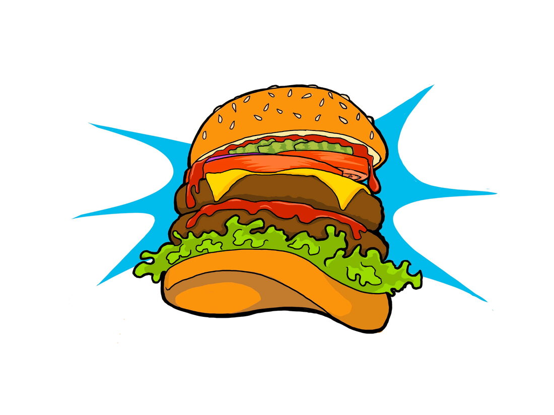 The Flip Side Burger Bar cartoon cheeseburger and blue starburst logo artwork on a white background