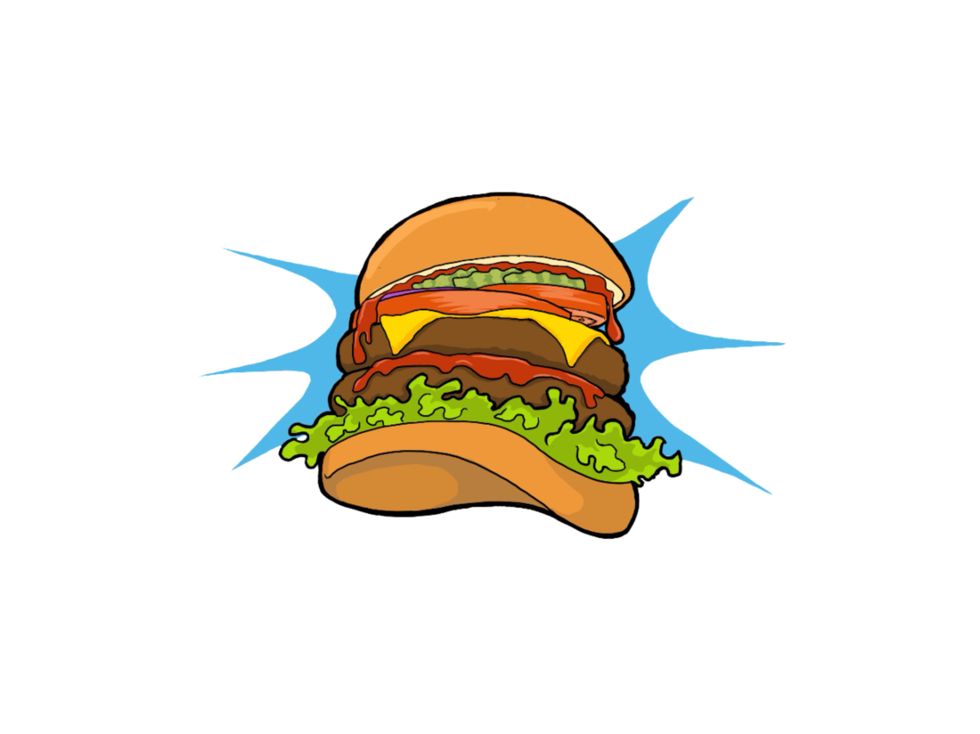 Flip Side Burger Bar's cartoon cheeseburger and blue starburst graphic